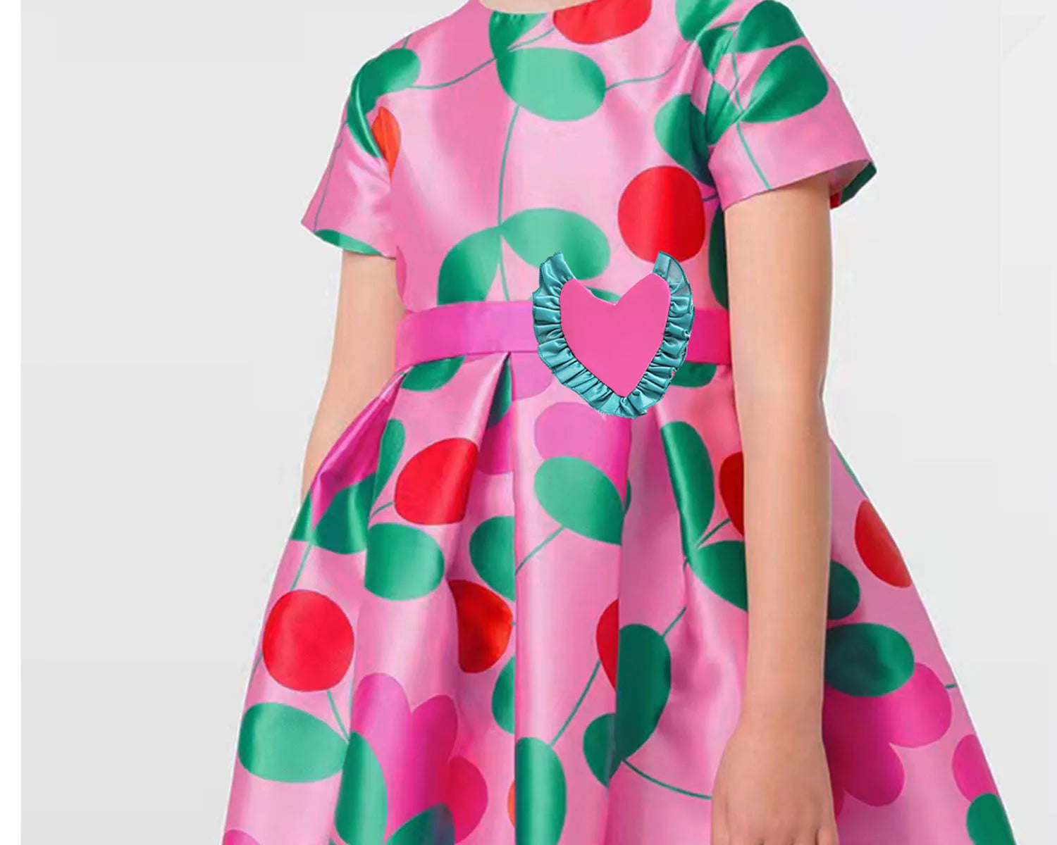 Elegant Girls Party Dress Printed Design Kids Clothes for Special Occasions in pink with green and red heart accents