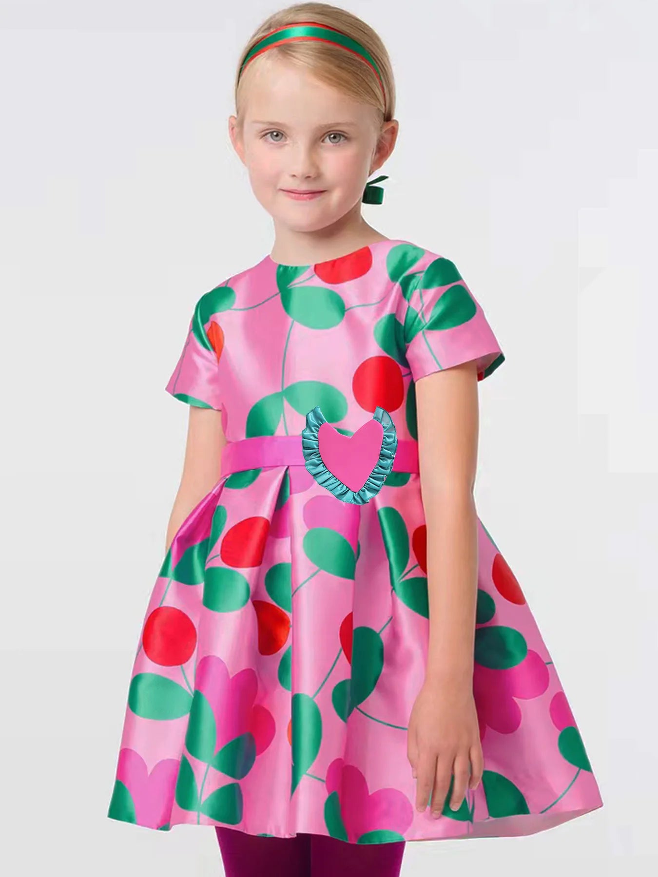 Elegant Girls Party Dress Printed Design Kids Clothes for Special Occasions with pink and green floral pattern