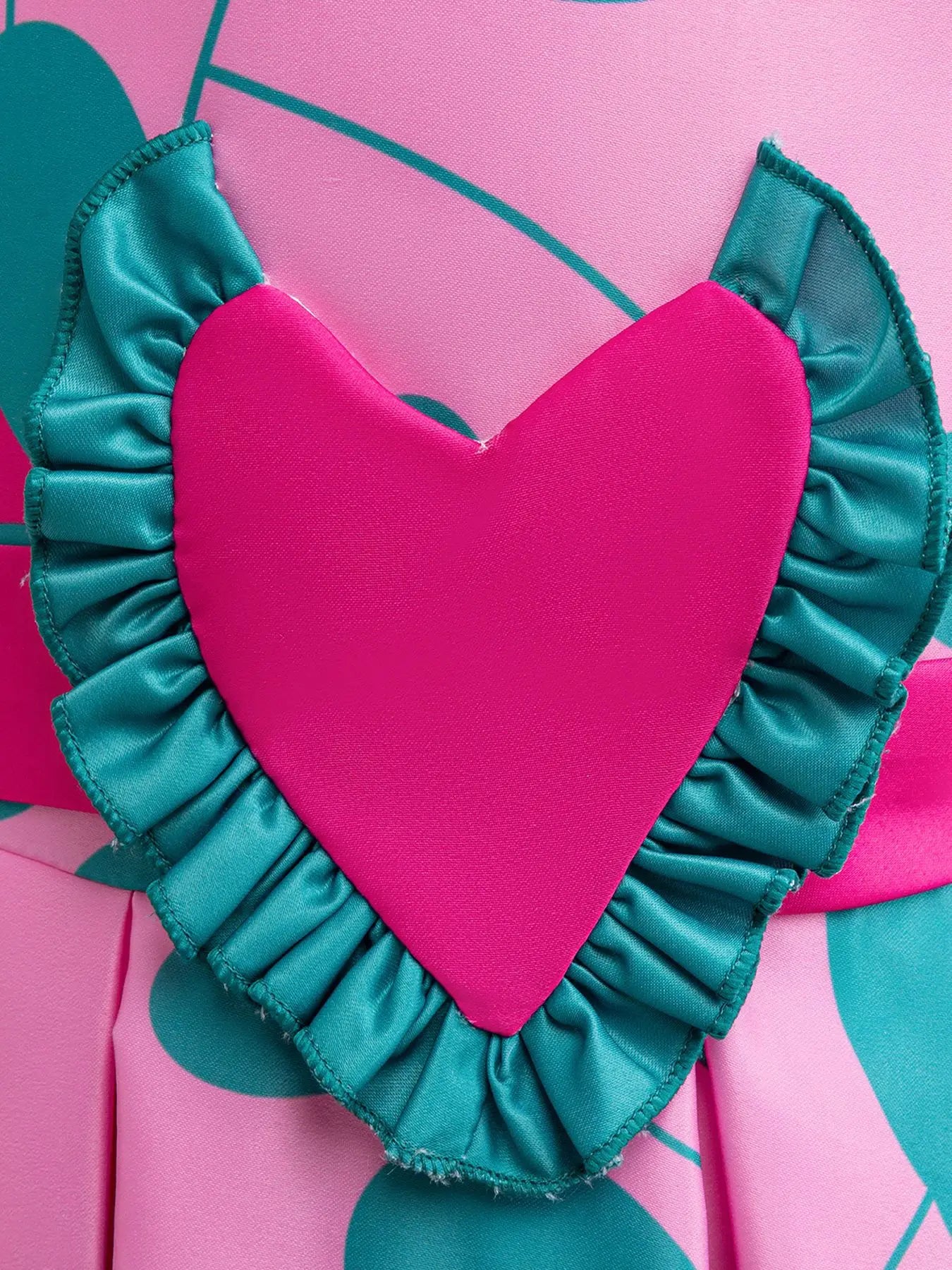 Elegant Girls Party Dress Printed Design Kids Clothes for Special Occasions featuring pink heart with teal ruffle on colorful fabric