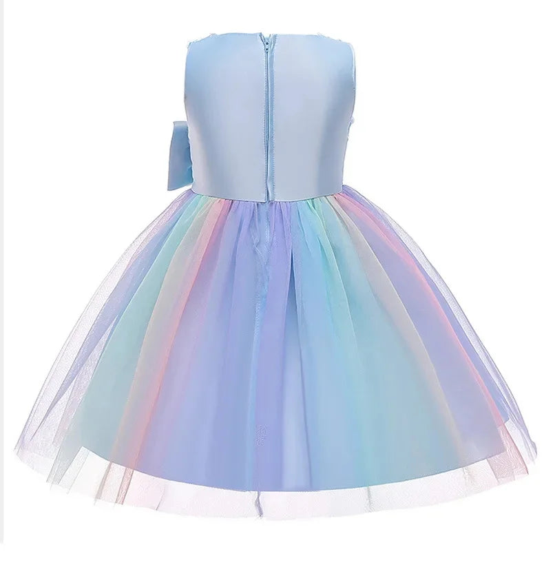 Elegant Rainbow Girls Party Dress Princess Style Wedding Prom Gown with pastel tulle skirt and sleeveless bodice