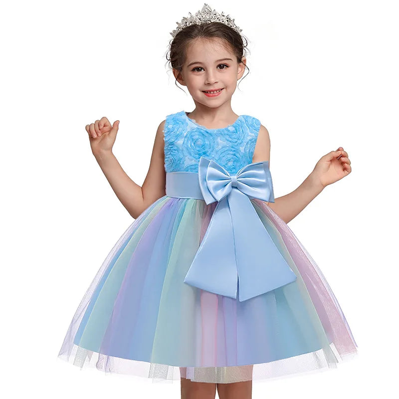 Elegant Rainbow Girls Party Dress Princess Style Wedding Prom Gown with blue floral bodice and large bow