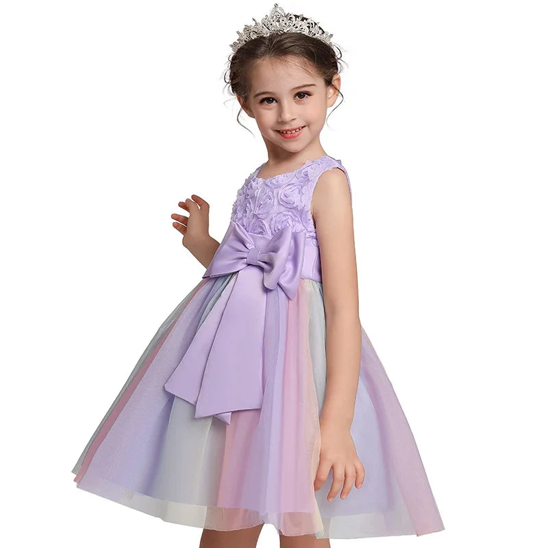 Elegant Rainbow Girls Party Dress Princess Style Wedding Prom Gown in pastel purple with bow and floral bodice