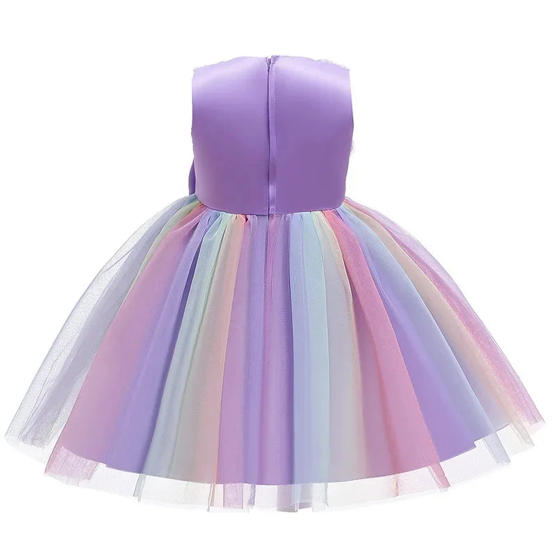 Elegant Rainbow Girls Party Dress Princess Style Wedding Prom Gown with pastel rainbow tulle skirt