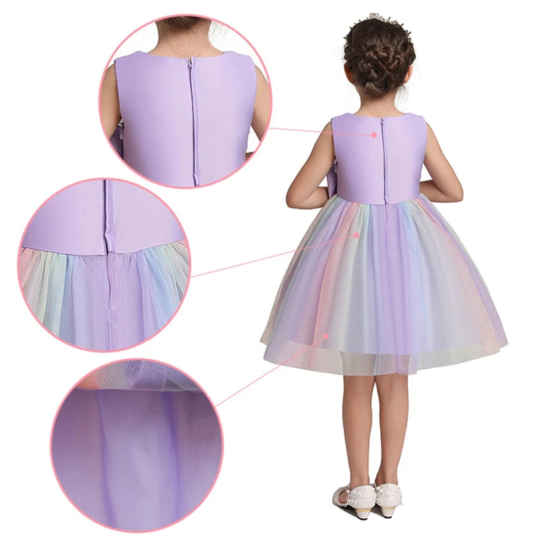 Elegant Rainbow Girls Party Dress Princess Style Wedding Prom Gown in pastel purple with tulle skirt and back zipper closure