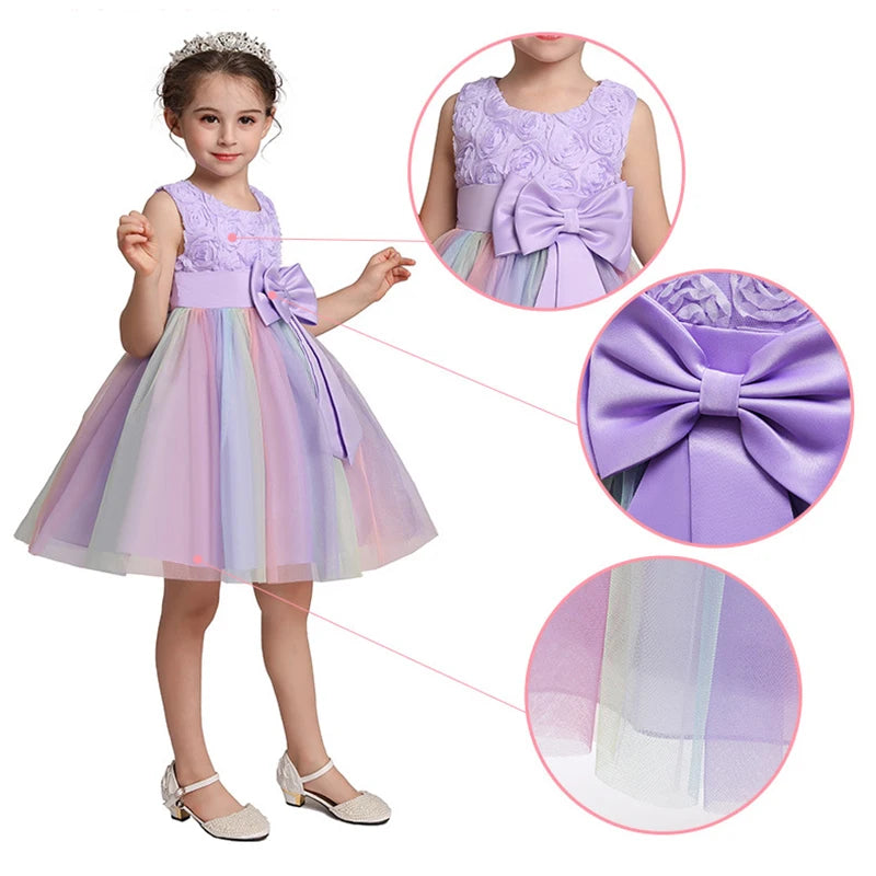 Elegant Rainbow Girls Party Dress Princess Style Wedding Prom Gown in pastel purple with bow and tulle skirt
