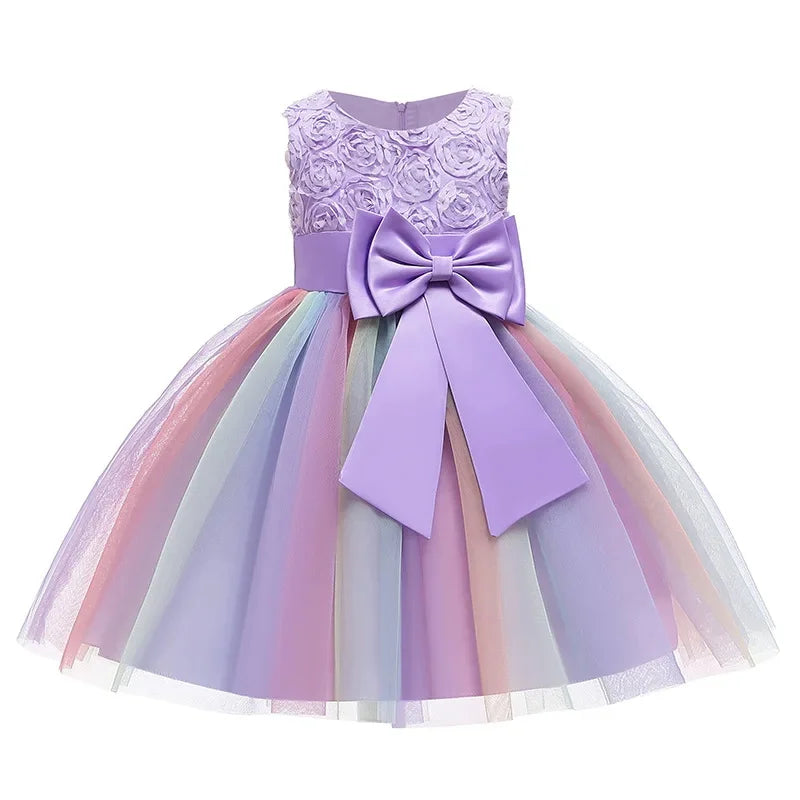 Elegant Rainbow Girls Party Dress Princess Style Wedding Prom Gown in pastel colors with large purple bow