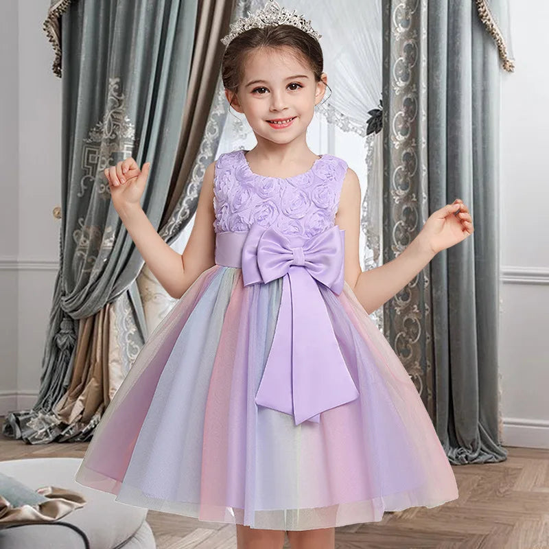 Elegant Rainbow Girls Party Dress Princess Style Wedding Prom Gown in pastel colors with bow and floral bodice