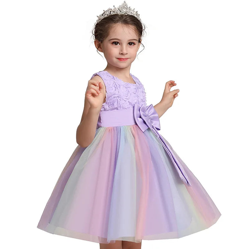 Elegant Rainbow Girls Party Dress Princess Style Wedding Prom Gown with pastel rainbow tulle skirt and lavender floral bodice