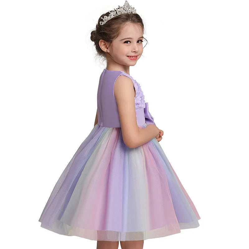 Elegant Rainbow Girls Party Dress Princess Style Wedding Prom Gown in pastel colors with tulle skirt and floral bodice