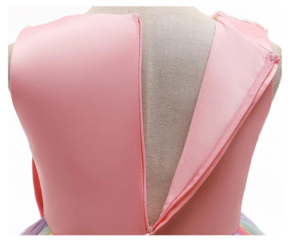 Back view close-up of Elegant Rainbow Girls Party Dress Princess Style Wedding Prom Gown with pink zipper closure