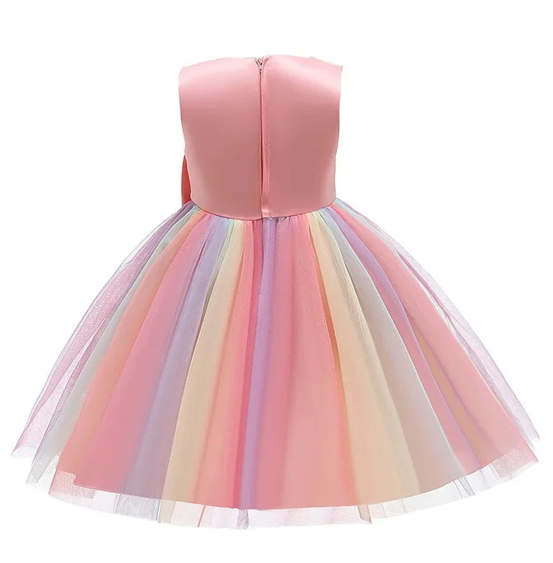 Elegant Rainbow Girls Party Dress Princess Style Wedding Prom Gown with pastel multicolor tulle skirt and pink bodice