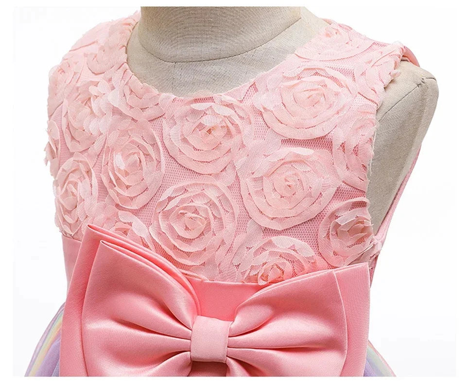 Elegant Rainbow Girls Party Dress Princess Style Wedding Prom Gown with pink floral lace bodice and large bow