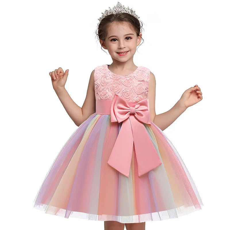 Elegant Rainbow Girls Party Dress Princess Style Wedding Prom Gown with pink bow and tulle skirt