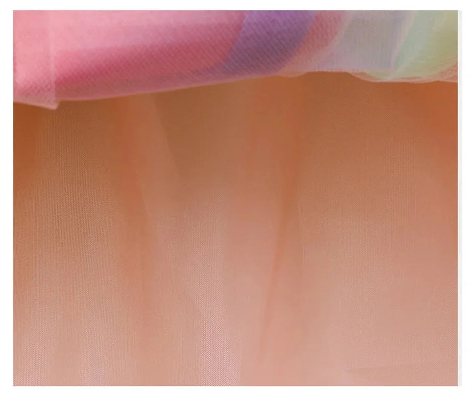 Close-up of elegant rainbow girls party dress princess style wedding prom gown fabric layers
