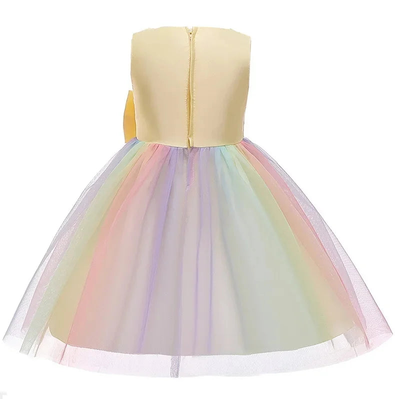 Elegant Rainbow Girls Party Dress Princess Style Wedding Prom Gown with pastel rainbow tulle skirt and cream bodice