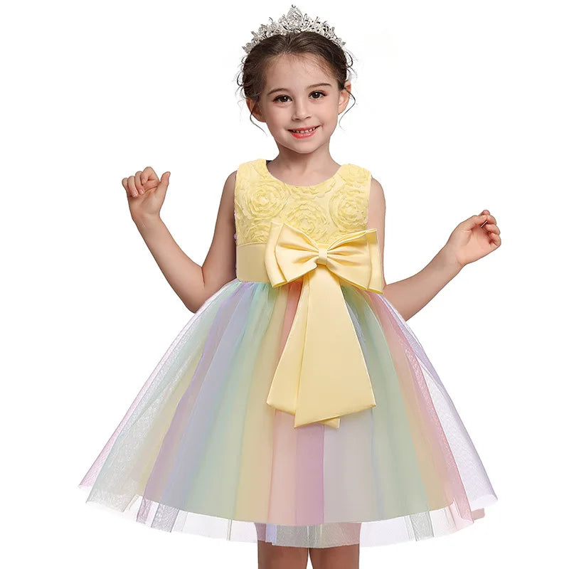 Elegant Rainbow Girls Party Dress Princess Style Wedding Prom Gown with pastel rainbow skirt and yellow bow
