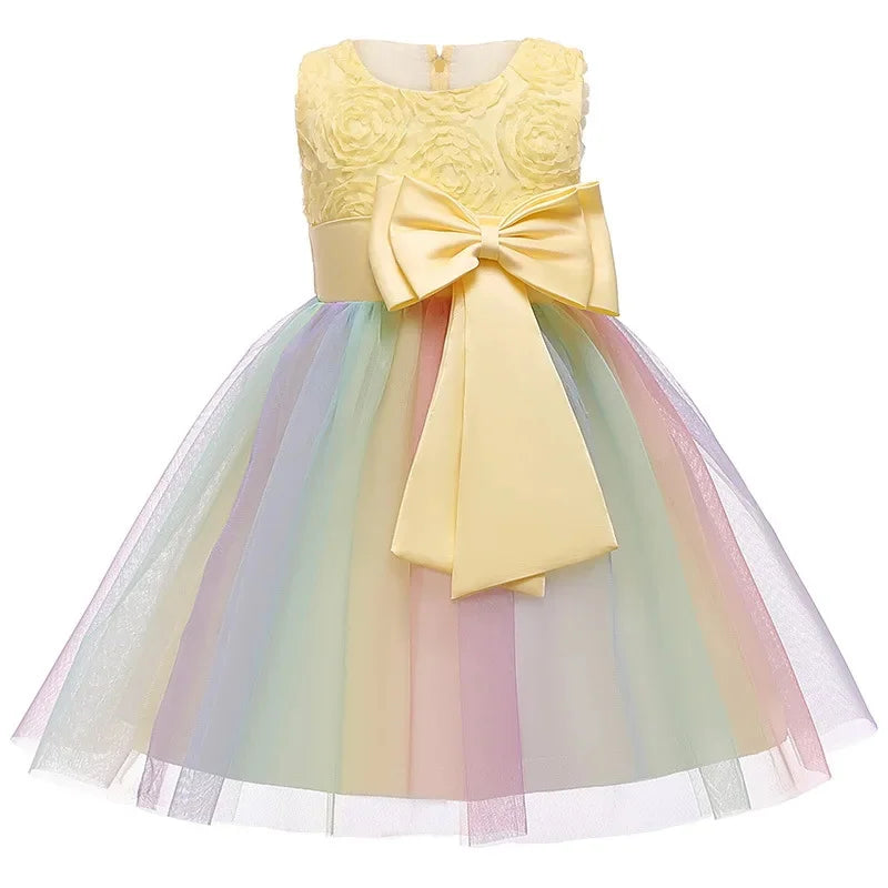 Elegant Rainbow Girls Party Dress Princess Style Wedding Prom Gown with yellow floral bodice and large bow