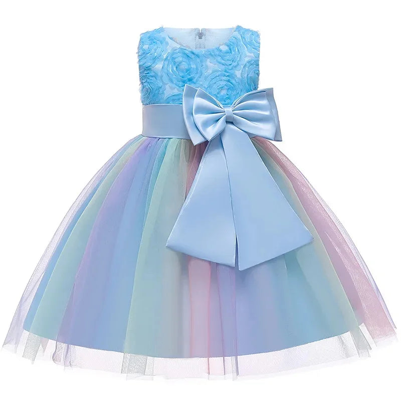 Elegant Rainbow Girls Party Dress Princess Style Wedding Prom Gown with blue floral bodice and large bow 