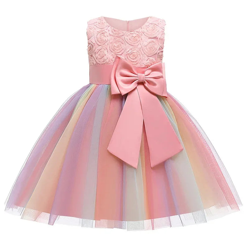 Elegant Rainbow Girls Party Dress Princess Style Wedding Prom Gown with pink floral bodice and large bow