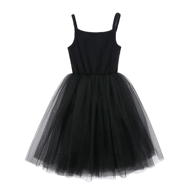 Cute Girls Casual Solid Color Sleeveless Suspenders Dress Summer Kids Outfit in black with tulle skirt 