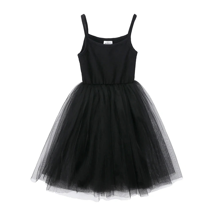 Cute Girls Casual Solid Color Sleeveless Suspenders Dress Summer Kids Outfit in black with tulle skirt
