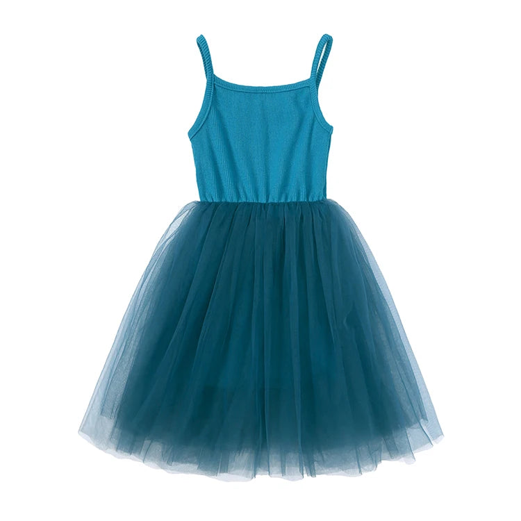 Cute Girls Casual Solid Color Sleeveless Suspenders Dress Summer Kids Outfit in teal with tulle skirt  