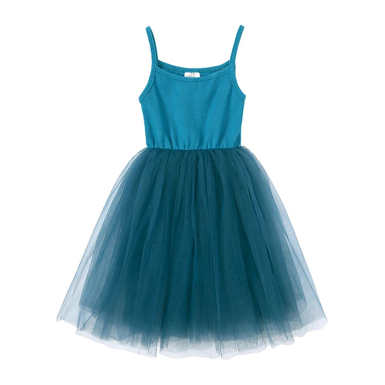 Cute Girls Casual Solid Color Sleeveless Suspenders Dress Summer Kids Outfit in teal with tulle skirt