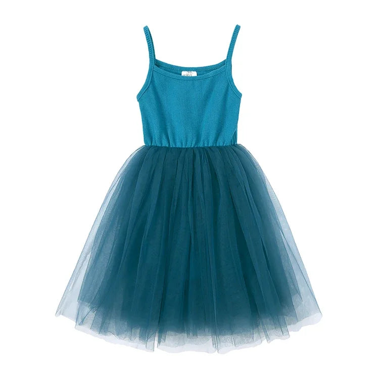 Cute Girls Casual Solid Color Sleeveless Suspenders Dress Summer Kids Outfit in teal with tulle skirt 