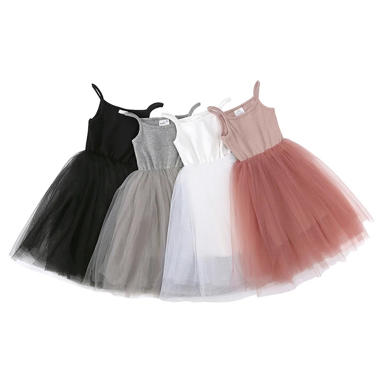 Cute Girls Casual Solid Color Sleeveless Suspenders Dress Summer Kids Outfit in black gray white and pink colors
