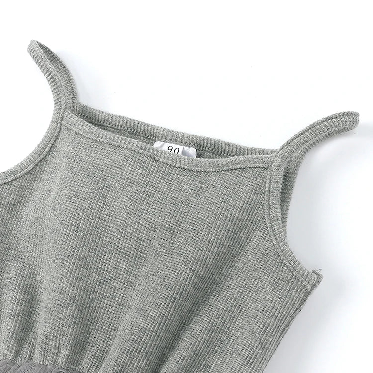 Cute Girls Casual Solid Color Sleeveless Suspenders Dress Summer Kids Outfit in gray knit fabric