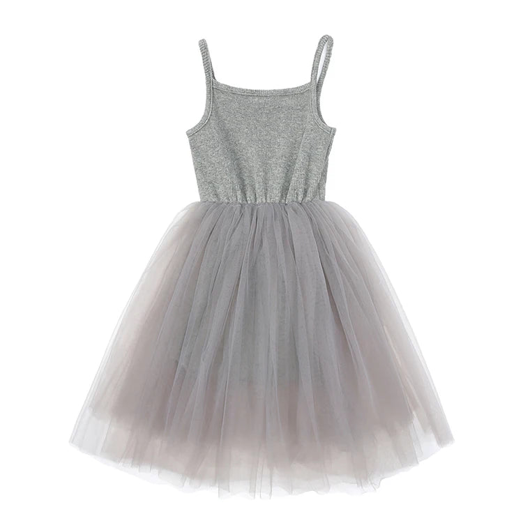 Cute Girls Casual Solid Color Sleeveless Suspenders Dress Summer Kids Outfit in soft gray with tulle skirt