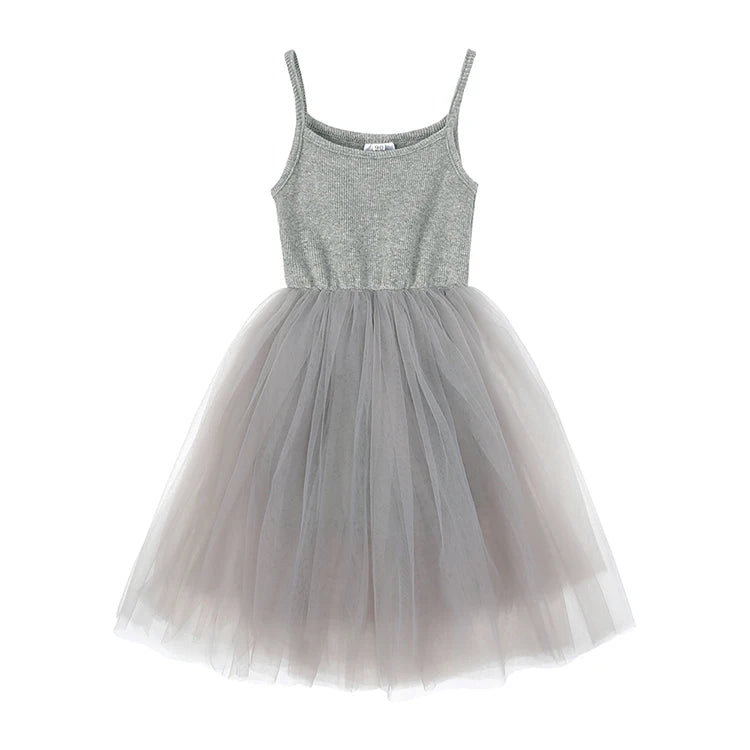 Cute Girls Casual Solid Color Sleeveless Suspenders Dress Summer Kids Outfit in gray with tulle skirt