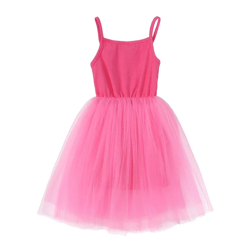 Cute Girls Casual Solid Color Sleeveless Suspenders Dress Summer Kids Outfit in pink with tulle skirt