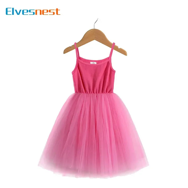 Cute Girls Casual Solid Color Sleeveless Suspenders Dress Summer Kids Outfit in pink hanging on wooden hanger