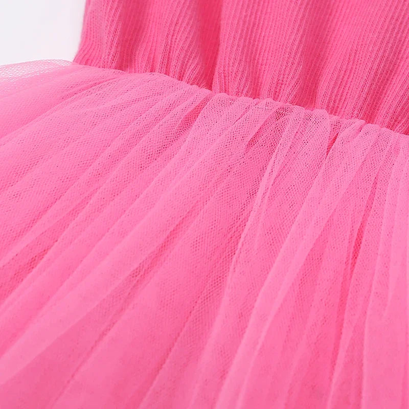 Close up of pink tulle skirt detail on Cute Girls Casual Solid Color Sleeveless Suspenders Dress Summer Kids Outfit