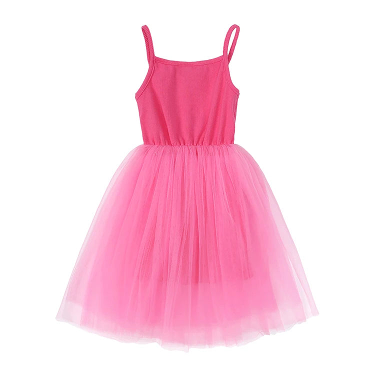 Cute girls casual solid color sleeveless suspenders dress summer kids outfit in pink with tulle skirt
