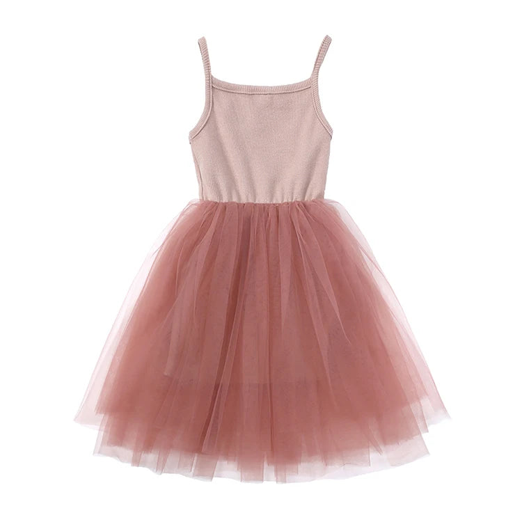 Cute Girls Casual Solid Color Sleeveless Suspenders Dress Summer Kids Outfit in dusty pink with tulle skirt