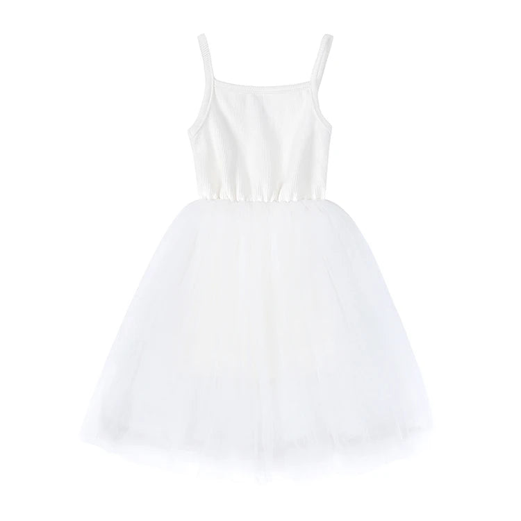 Cute Girls Casual Solid Color Sleeveless Suspenders Dress Summer Kids Outfit in white with tulle skirt  