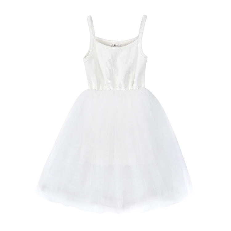 Cute Girls Casual Solid Color Sleeveless Suspenders Dress Summer Kids Outfit in white with tulle skirt