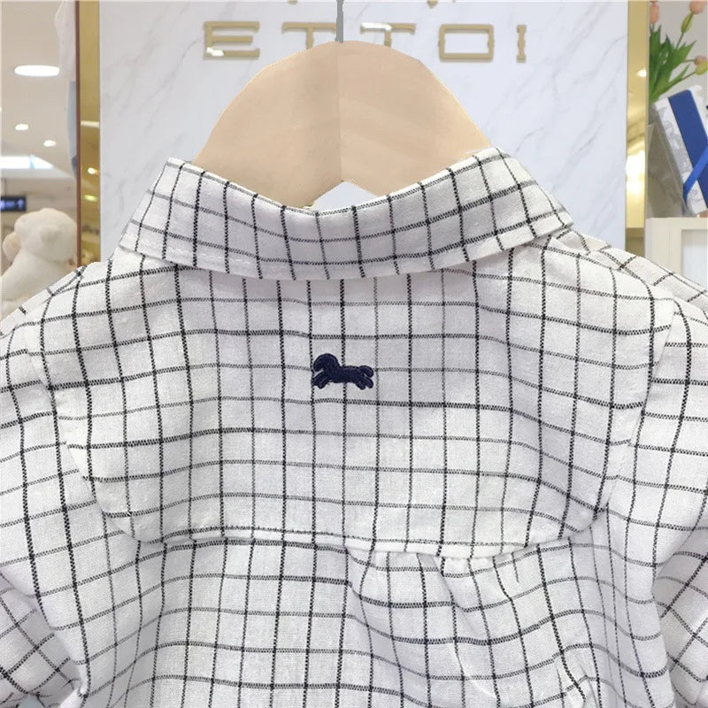 Close-up of Korean Fashion Matching Sister Brother Outfits Baby Kids Autumn Dress & Suit Set checkered shirt detail