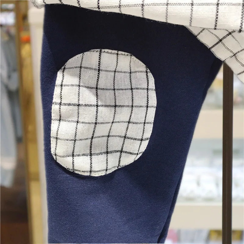 Close-up of navy pants with white and black grid patch for Korean Fashion Matching Sister Brother Outfits Baby Kids Autumn Dress & Suit Set