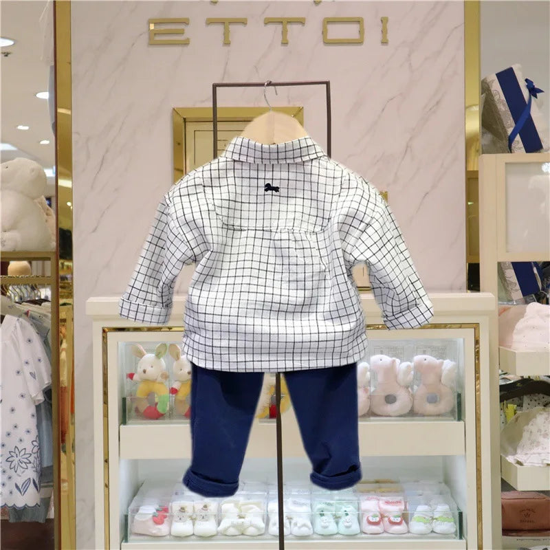 Korean Fashion Matching Sister Brother Outfits Baby Kids Autumn Dress & Suit Set by Yamza Tots Closet white checkered shirt with navy pants