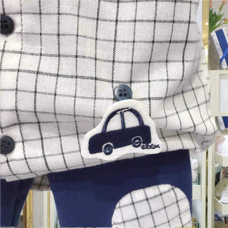 Close-up of Korean Fashion Matching Sister Brother Outfits Baby Kids Autumn Dress & Suit Set with checkered shirt and car patch