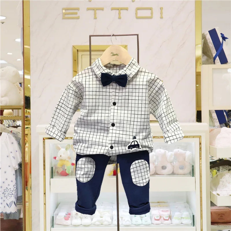Korean Fashion Matching Sister Brother Outfits Baby Kids Autumn Dress & Suit Set with checkered shirt and navy pants