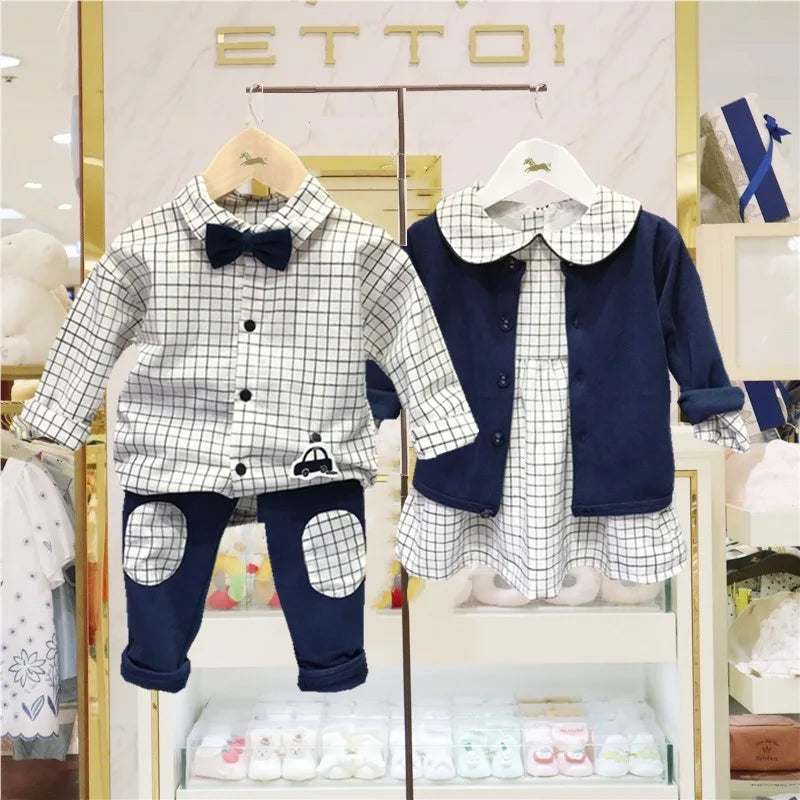 Korean Fashion Matching Sister Brother Outfits Baby Kids Autumn Dress and Suit Set with plaid patterns and navy blue accents