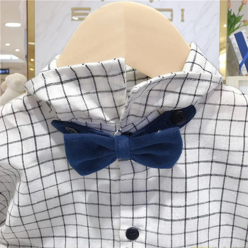 Close-up of Korean Fashion Matching Sister Brother Outfits Baby Kids Autumn Dress & Suit Set white checkered shirt with navy bow tie