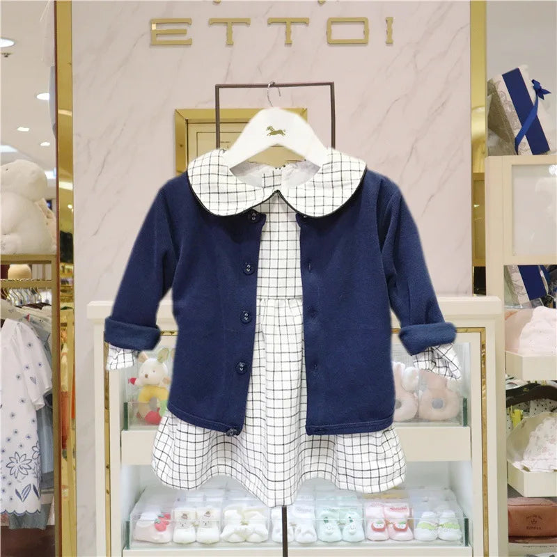 Korean Fashion Matching Sister Brother Outfits Baby Kids Autumn Dress & Suit Set with navy cardigan and checkered dress