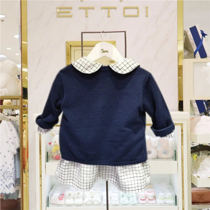 Korean Fashion Matching Sister Brother Outfits Baby Kids Autumn Dress & Suit Set navy top with checkered collar and matching skirt