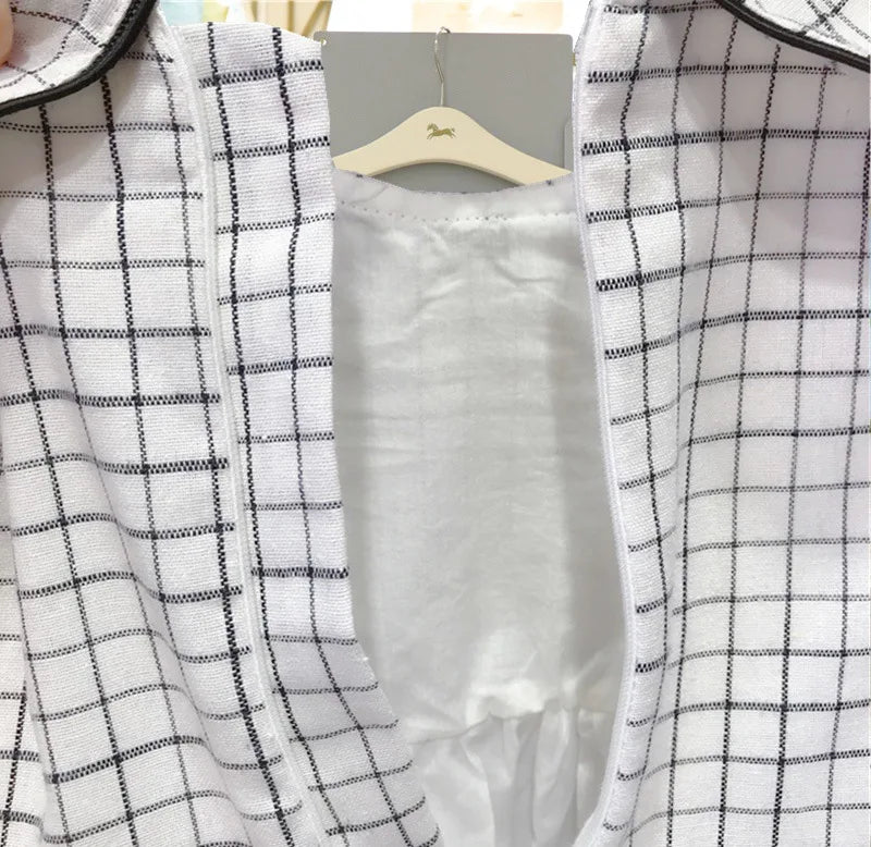 Close-up of Korean Fashion Matching Sister Brother Outfits Baby Kids Autumn Dress & Suit Set white fabric with black grid pattern