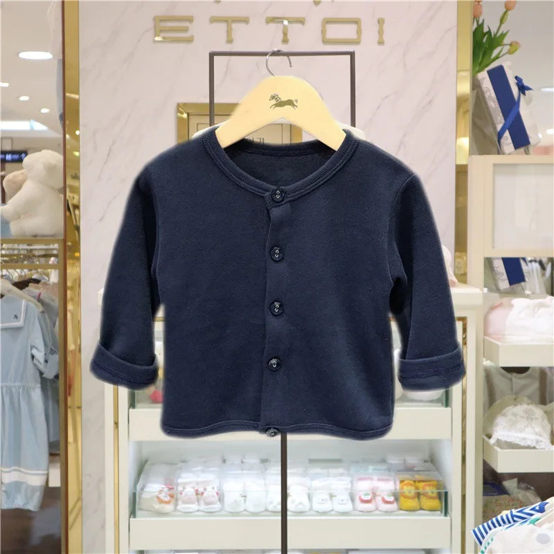 Navy blue baby cardigan from Yamza Tots' Closet for Korean Fashion Matching Sister Brother Outfits Baby Kids Autumn Dress & Suit Set